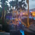 A house with twinkle lights wrapped around palm trees and a pool at dusk.