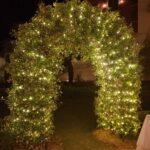 A wedding arch adorned with greenery and twinkle lights.