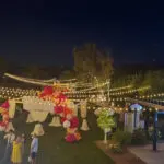 An outdoor lighting setup with red and white balloons