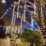 A tree adorned with bistro lighting at a wedding reception.