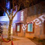 A tree wrapped in lights in front of a facility