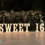 A marquee letter rental illuminates a stunning sweet 16 sign next to a beautiful waterfall.